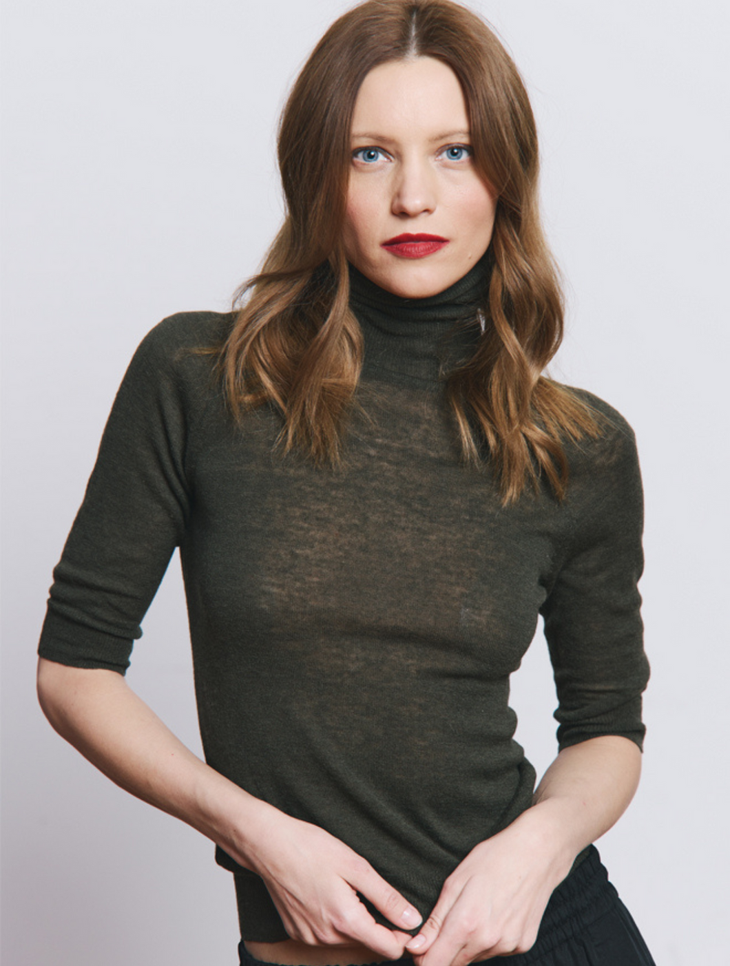 Autumn Cashmere-Fitted sheer eblow sleeve turtleneck-Cypress