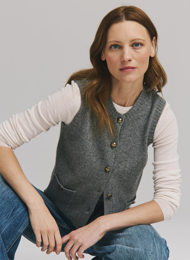 Autumn cashmere-Button front vest w/pockets- Cement