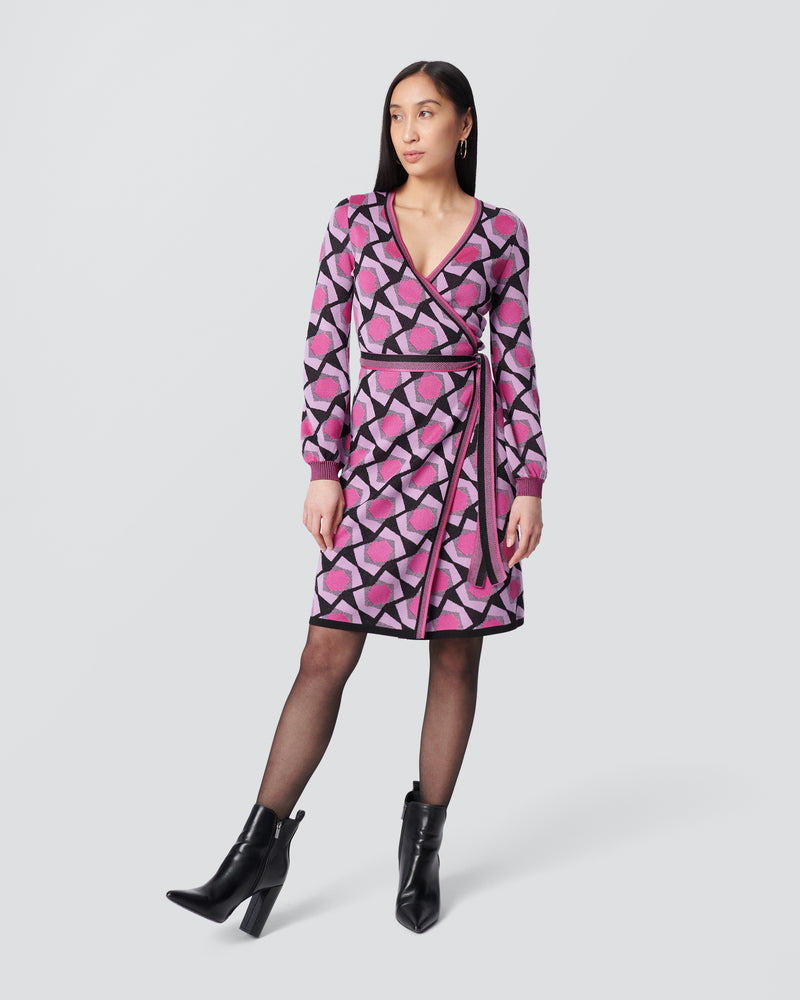 DVF Alexio Wrap Dress- Cube Geo Large Wine Pink