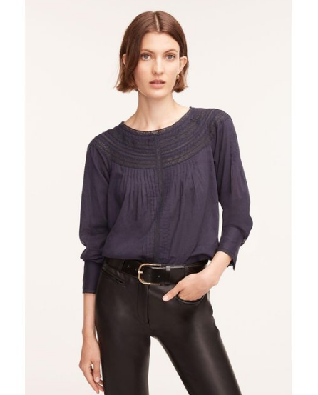 Rebecca Taylor Lace Detail Cotton Long Sleeve Blouse- Navy